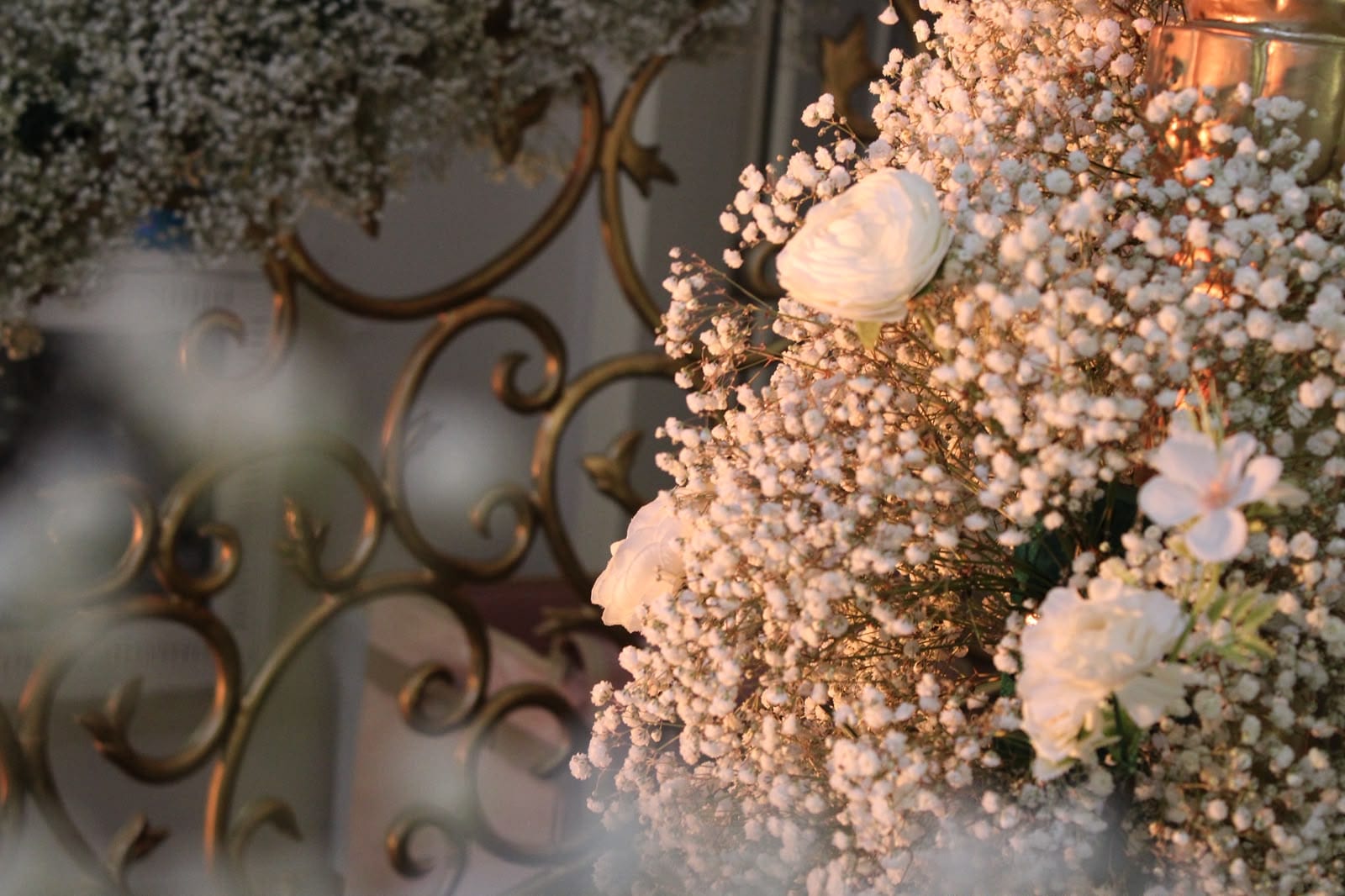 Close view of white roses and baby's breath